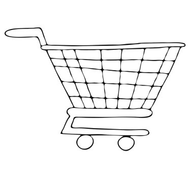 Marketteki alışveriş arabası, karalama stili vektör elemanı, siyah ana hatlar.