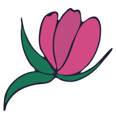 Yeşil yapraklı, mor çizgili, vektör soyut pembe çiçek, vektör ögesi