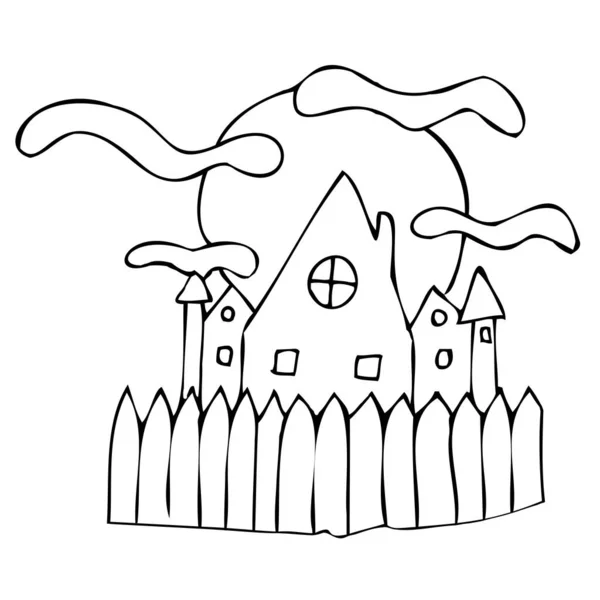 Страшный Замок Фоне Полнолуния Забором Векторный Декоративный Элемент Празднования Хэллоуина — стоковый вектор