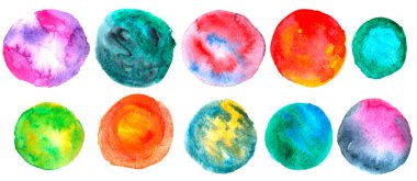 Soyut suluboya lekeleri, parlak renkli daireler, beyaz bir arkaplanda el yazısıyla çizimler, resim örnekleri.