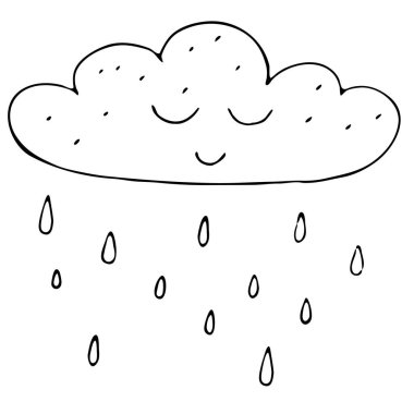 Güzel bir sonbahar bulutu, yağmur damlaları, el yazması çizimler, karalama tarzında ayarlanmış vektör, boyama kitabı, siyah çizgili.