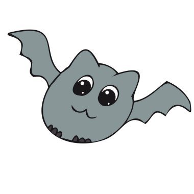 Gece gökyüzünde uçan sevimli çizgi film yarasası, Cadılar Bayramı kutlaması için vektör karalama elementi, siyah çizim