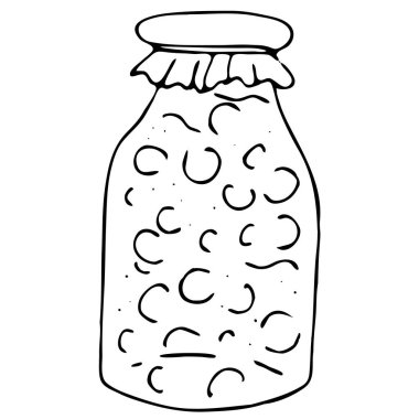 Sonbahar hasadından kalma reçel kavanozu veya komposto, kış boşlukları, serbest çizim, karalama stilinde vektör elemanı, boyama kitabı, siyah çizim