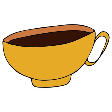 Sarı fincanda sıcak çay, serbest çizim vektör karalama elementleri, siyah çizgiler.