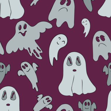 Mor arka planda şirin hayaletler, cadılar bayramı kutlaması için kusursuz vektörler, karalama tarzı, renk çizimi