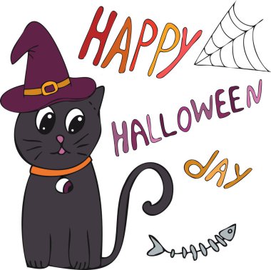 Cadı şapkalı şirin kedi, Cadılar Bayramı için vektör rengi çizimi, karalama tarzı, renk çizimi