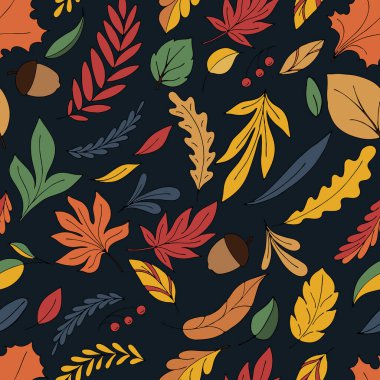 çok renkli sonbahar yaprakları ve meşe palamutları karalama stilinde mavi arka planda, parlak sonbahar ormanı, bitki örtüsü