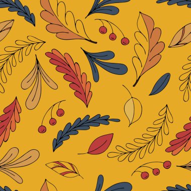 çok renkli sonbahar yaprakları ve rowan üzümleri karalama stilinde mavi arka planda, parlak sonbahar ormanı, herbaryum, vektörsüz desen