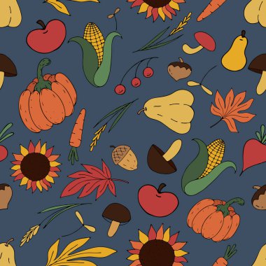 Sonbahar hasadı - meyveler ve sebzeler, sonbahar yaprakları, kabak, kabak, mısır, elma, kestane yaprakları, ayçiçekleri, mavi arka planda karalama tarzında havuçlar, vektörsüz desen