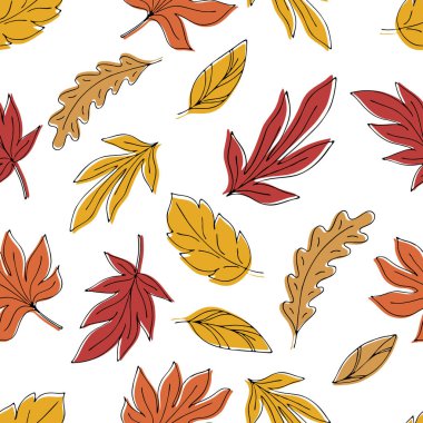 Düşen sonbahar yaprakları kırmızı, sarı ve turuncu beyaz arkaplanda karalama tarzında, vektörsüz desen