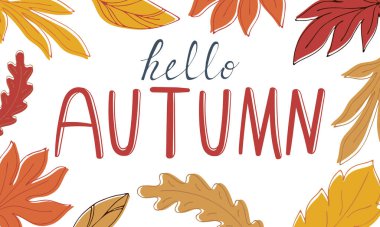 Sonbahar yaprakları ve harfleri - karalama tarzı beyaz arkaplan üzerinde merhaba sonbaharı, kartpostal için vektör illüstrasyonu