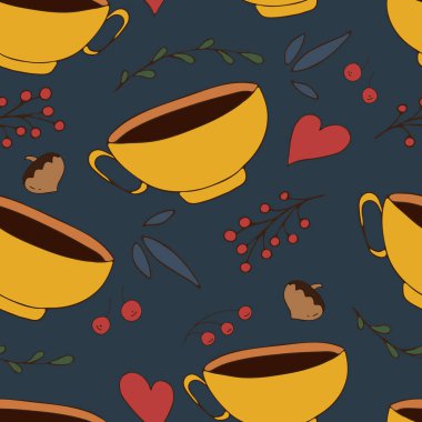 Sarı fincanlardan ev yapımı sıcak çay partisi çay, rowan ve fındıklı tatlı olarak mavi arka planda karalama tarzında, vektörsüz desenli