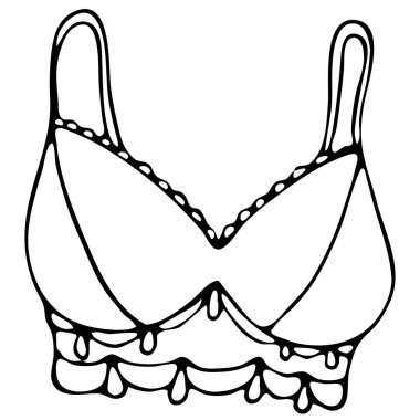 Kadın seksi iç çamaşırı seti. Sütyen, üst, mayodan üstlük, karalama stilinde vektör elementler, siyah çizgili.