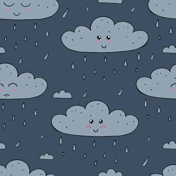 Nuvens Azuis Com Rostos Bonitos Kawaii Com Gotas Chuva Fundo — Vetor de Stock