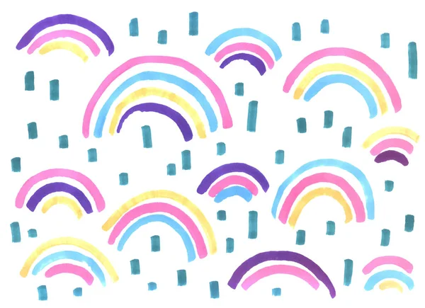 Abstract Bright Rainbows Pink Blue Yellow Purple Markers White Background — Stock Photo, Image