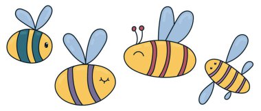 striped yellow bees with wings, insect, kids doodle vector illustration, elements set clipart