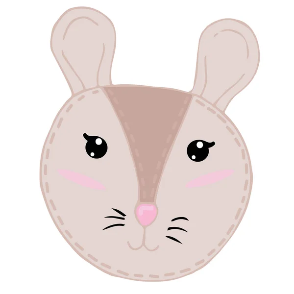 可爱的卡瓦褐色老鼠头 有滑稽的耳朵和红润的脸颊 小孩玩具 带有装饰缝合线的向量元素 — 图库矢量图片