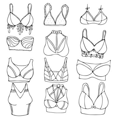 Kadınlar için seksi iç çamaşırı. Sütyen, karalama stilinde siyah çizgili vektör elementler.