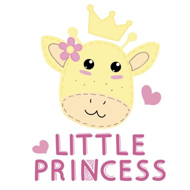 Şirin kawaii sarı bir zürafa ağzı içinde bir çiçek ve bir kalp ve yazıtlı küçük prenses yuvarlak gözlü, çocuk oyuncağı, dekoratif dikişli vektör çizimi beyaz arka planda