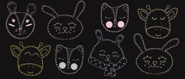 Şirin kawai hayvan yüzleri çizgileri - fare, kedi, tavşan, zürafa, ayı, kapalı gözlü tilki, çocuk oyuncağı, dekoratif dikişli vektör elementleri