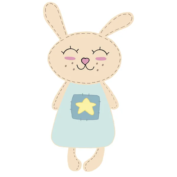 星付きの青いドレスで長い耳とずさんな頬を持つかわいいかわいいベージュのウサギ 子供のおもちゃ 装飾的なステッチの縫い目とベクトル要素 — ストックベクタ