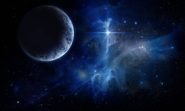 3D иллюстрация в абстрактном пространстве, 3D изображение, 3D рендеринг, фоновое изображение, планеты в пространстве в туманности и сияние звезд