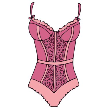 Kadın seksi iç çamaşırları. Sütyen ve külot. Siyah çizgili, karalama tarzında pembe vektör elementler.