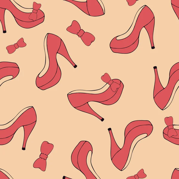 ドードルスタイルベクトルシームレスパターン 赤のハイヒールの女性の靴 — ストックベクタ