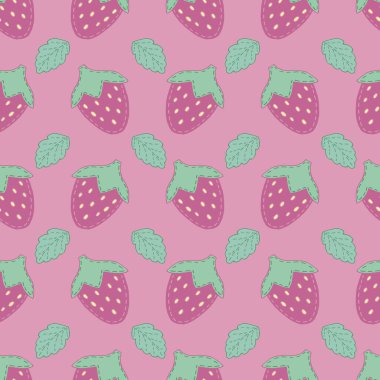 Kız için dekoratif dikişli şirin çilekler, oyuncak, pembe arka planda vektörsüz desen