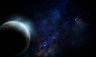 Uzayda mavi gezegen ayı yıldızların ve bulutsuların parlaklığı arasında, soyut uzay 3 boyutlu illüstrasyon, 3 boyutlu görüntü, arka plan
