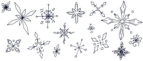 Ensemble Différents Flocons Neige Drôles Dessinés Main Mignons Gribouillis Hiver — Image vectorielle