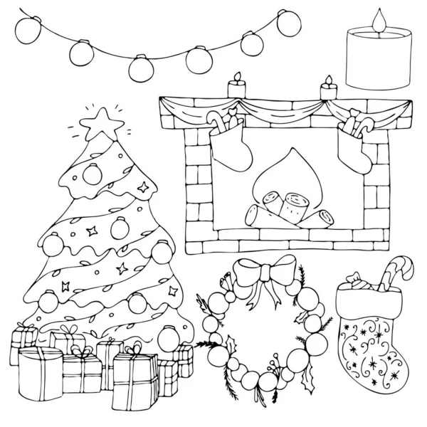 Set Celebrazione Familiare Calda Accogliente Capodanno Natale Casa Carini Scarabocchi — Vettoriale Stock