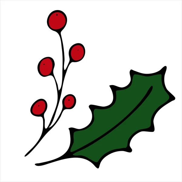クリスマスのシンボル 枝に果実を持つホリーの葉 かわいい冬のドア ドアスタイルの要素のベクトルセット — ストックベクタ