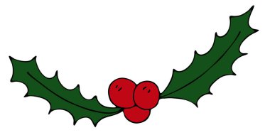 Noel sembolü - yeşil kutsal yapraklar ve kırmızı böğürtlenler, şirin kış karalamaları, karalama tarzı elementlerin vektör kümesi