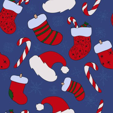 Kırmızı Noel Baba şapkası, hediyeli çorap mavi arka planda şeker kamışı, yeni yıl ve noel için şirin resim, karalama stilinde kusursuz vektör deseni