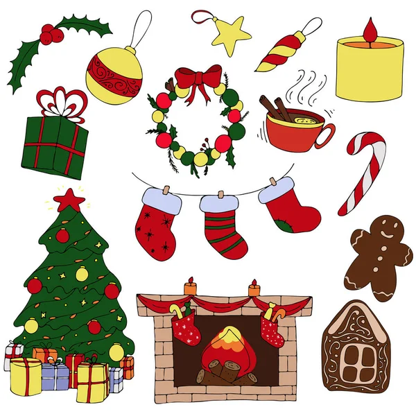 Noel için süslemeler, hediyeler ve hediyeler, yeni yıl, ağaç, şömine, yeni yıl ve Noel için sevimli kış karalamaları, karalama stilinde renkli elementlerin vektör kümesi