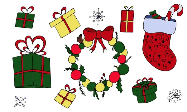 クリスマスと新年の贈り物とドアと箱の花輪 新年とクリスマスのためのかわいい冬のドア ドアスタイルの色の要素のベクトルセット — ストックベクタ