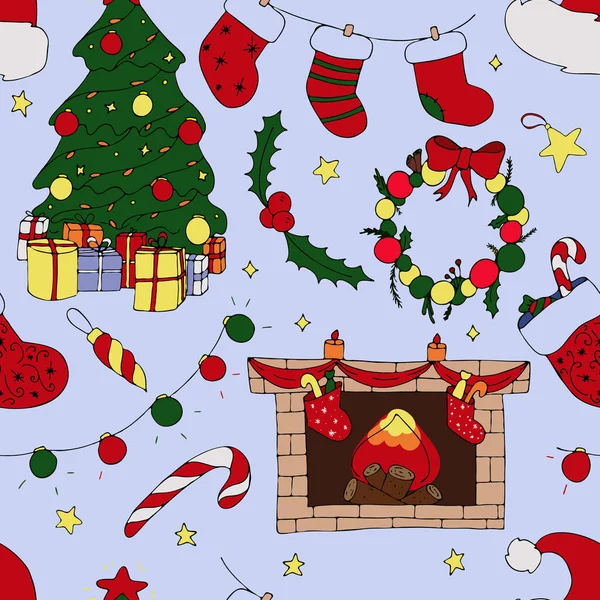 Christmas Tree Fireplace Wreath Garland Balls Socks Blue Background Cute — Stock Vector