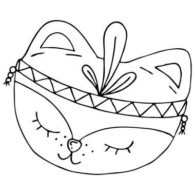 Tüyleri olan sevimli bir kawaii tilkisi, ağızlıklı bir kafa, boyama, vektör ögesi, çocuklar için elle çizim.