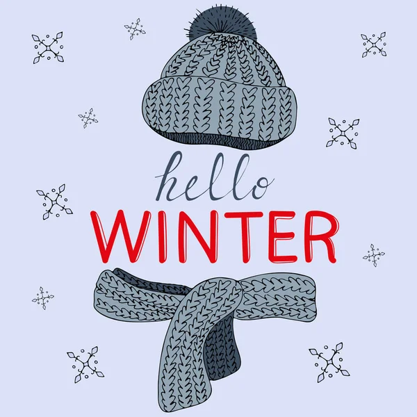 겨울의 뜨개질 모자와 스카프 텍스트가 겨울푸른 배경에 내리는 새해의 귀여운 — 스톡 벡터