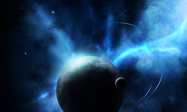 abstract space 3D illustration, 3d image, 3d rendering, background image, planets in space in the nebula and the radiance of stars