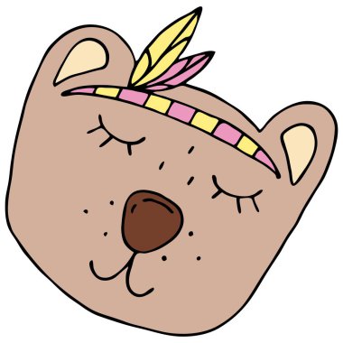 Şirin kawaii kahverengi ayısı, Hint tüyleri ve süslemeleri ile, baş ağızlık, renk vektörü elementi, çocuklar için serbest çizim