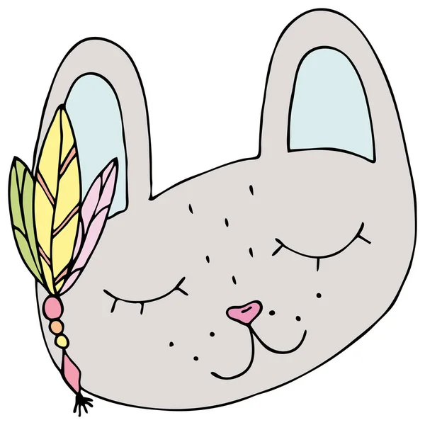 可爱的卡瓦灰野兔 带有印度羽毛和装饰品 头戴口罩 色彩矢量元素 儿童手绘 — 图库矢量图片