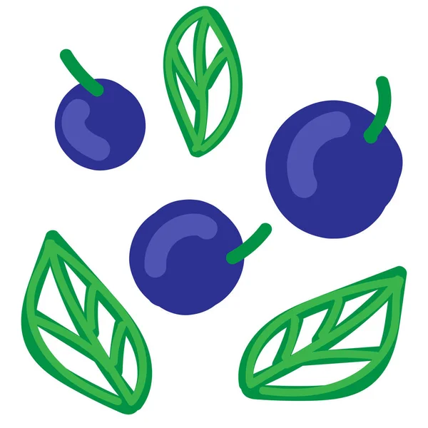可爱的蓝莓或带有叶子的蓝莓 向量色元素 可爱的简单的儿童图画 有趣的水果 — 图库矢量图片