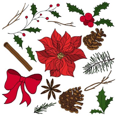 Yeni yıl ve Noel için renkli dekoratif öğeler - noktalar, çoban püskülü, çam kozalağı, tarçın, ağaç, karalama stilinde elementlerin vektör kümesi