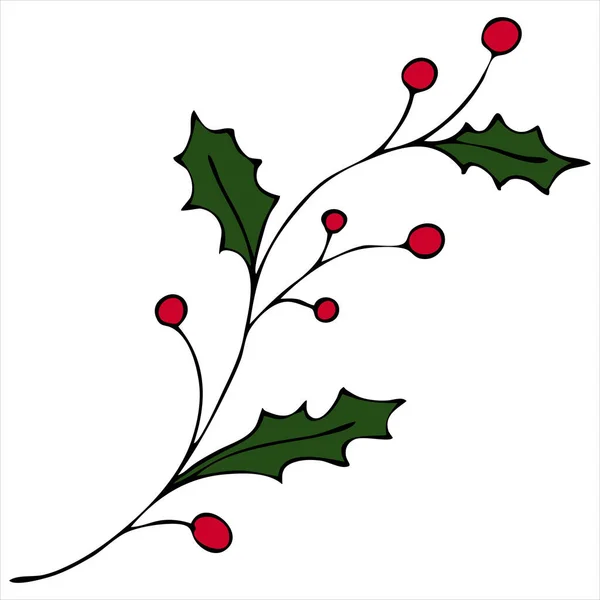 Magyal Sprig Bogyókkal Doodle Stílusú Vektor Elem Karácsonyi Szimbólum — Stock Vector