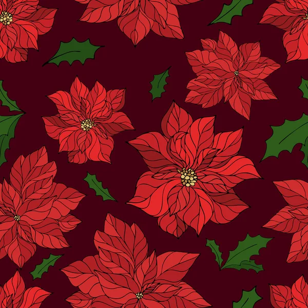 Красные Пуансеттия Цветы Бордовом Фоне Векторный Бесшовный Узор Рождество — стоковый вектор