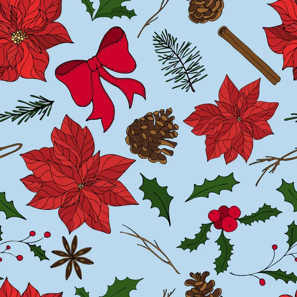 Красный пуансеттия цветы, Холли, ели конусы на голубом фоне, векторные бесшовные картины для Рождества — стоковый вектор