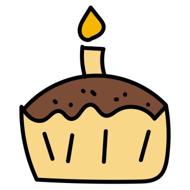 Doğum günü için mumlu doğum günü pastası, karalama stilinde vektör rengi, çocuklar için sevimli çizimler