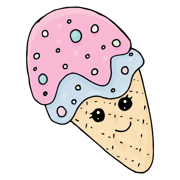 Roomijs Roze Blauw Een Wafelkegel Met Ogen Met Hagelslag Kawaii — Stockvector